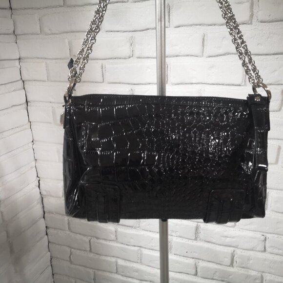 Guess Ladies Black Faux Leather Zipper Closure Chain Straps Hand/Shoulder Bag - Picture 2 of 10